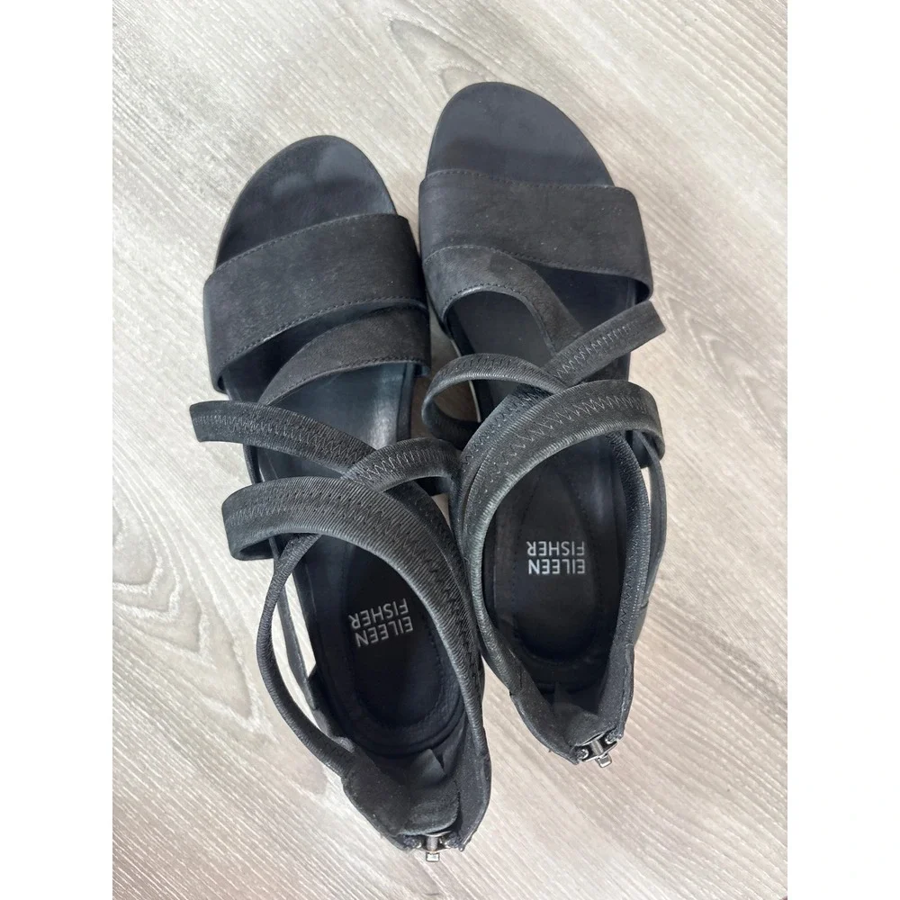 Eileen Fisher Skill Tumbled Sneaker Sandals Black Nubuck Elastic Strappy Zip 7.5